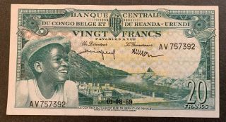 Belgium Congo 20 Francs 1959 Banknote Aunc Very Rare