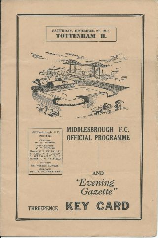 Rare Programme Middlesbrough V Tottenham Hotspur 27/12/52 1952/53 Season Div 1