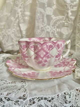 Rare Wileman Foley Shelley Pink Scallop Tea Cup Saucer Set Daisy 5172 Berry
