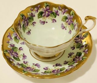 Rare Paragon Tea Cup & Saucer Heavy Gold,  Green,  Violets Garland Teacup