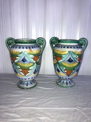 Rare Vintage Italian Pair Majolica 20th C Pottery Vases Hand Painted Italy