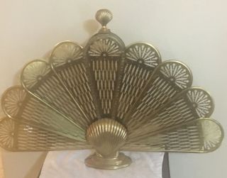 Vintage Solid - Brass Seashell Peacock Fireplace Screen 37” W 26” T 7.  6 Lbs Rare