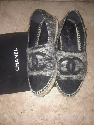 Authentic Chanel Espadrilles 37 /6.  5 Leather Grey And Black Tweed Rare