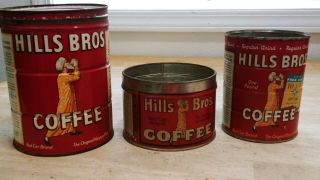 3 Vintage Hills Bros.  Coffee Cans Metal Antique Tin Rare 1922 - 1932