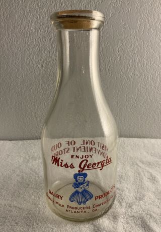 Rare Vintage Miss Georgia Dairy Products Atlanta Ga Quart Milk Bottle With Lid