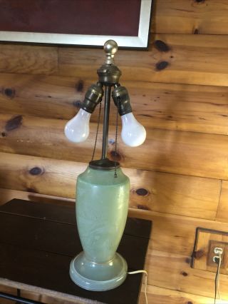 Rare Antique Art Deco Green Jade Like Swirl Pattern Table Lamp Double Bulb
