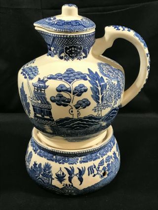 Vintage Japan Blue Willow Carafe Pitcher & Rare Warmer Base Exc.  Cond