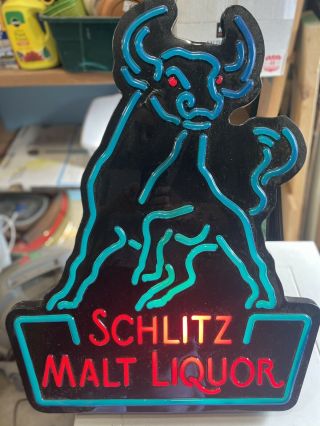 Rare Schlitz Malt Liquor Bull Lighted Beer Sign Plastic - Neon Look - Sweet