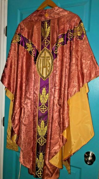 Gorgeous Rare Vintage Catholic Priests Pink Rose & Gold Brocade Chasuble & Stole