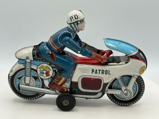 Rare Vintage Tn Nomura Japan Tin Friction Police Patrol Motorcycle W/ Rider