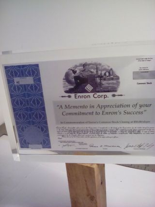 Enron Corp.  Lucite Encased Minature Stock Certificate 4/14/98 $50/share Rare