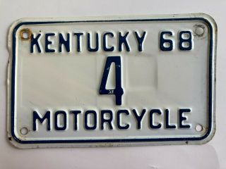 1968 Kentucky Motorcycle License Plate Low Number One Single Digit 4 Rare
