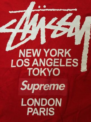 Stussy X Supreme World Tour Shirt Red Sz Xl York Tokyo London Paris La Rare