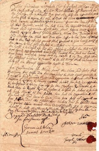 1708,  Berwick,  Maine,  Rare,  Apprenticeship Contract,  Witham And Hill Families