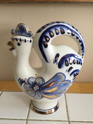 Rare Russian Gzhel Blue/white/gold Rooster Teapot/pitcher