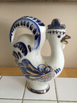 Rare Russian Gzhel Blue/White/Gold Rooster Teapot/Pitcher 2