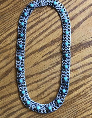 Rare Vintage Farfan Mexico Sterling Silver & Turquoise Chain Collar Necklace