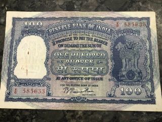 Number5633 India 100 Rupees P43c 1957 Tiger Elephant Dam Xf Money Bill Rare Bank