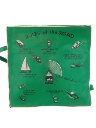 Very Rare Vintage Green Sears Kapok Boat Cushion " Rules Of The Road " 1950 
