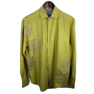 Robert Graham Sz M Chartreuse Yellow Green Embroidered Button Dress Shirt Rare