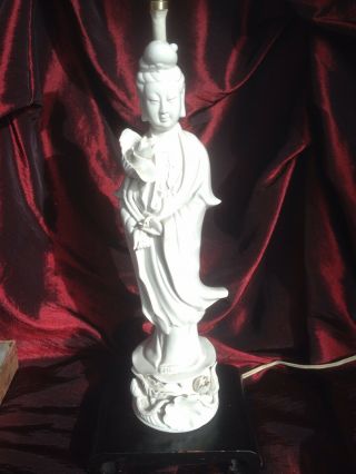 Rare Signed Vintage Blanc De Chine Kwan Yin Guan Yin Statue Lamp Chinese Buddha