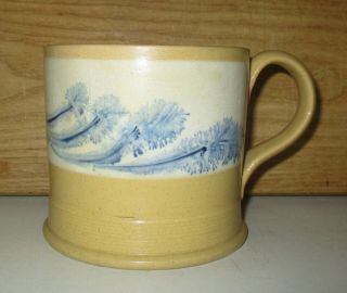 Rare Antique Blue Seaweed Decorated Mocha Yellow Ware Cup