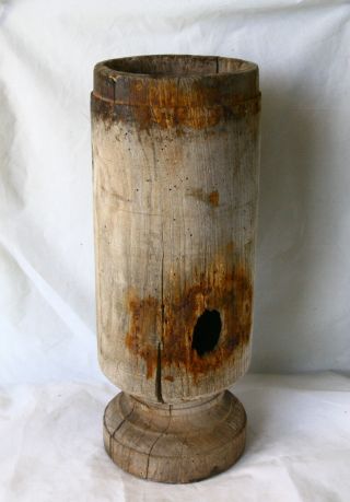 Antique 18/19`c Rare Huge Primitive Wooden Mortar Whole Piece Of Wood 17.  3