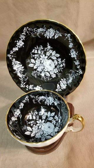 Vintage AYNSLEY Black with White Roses Tea Cup & Saucer - Fantastic & Rare 2