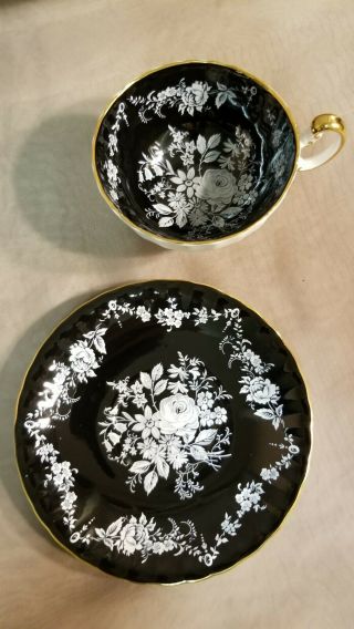 Vintage AYNSLEY Black with White Roses Tea Cup & Saucer - Fantastic & Rare 3
