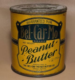 Vtg.  Rare Bel - Car - Mo Nut Butter Co.  Peanut Butter Tin Can - Grand Rapids,  Mi