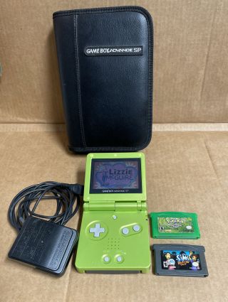 Game Boy Advance Sp Ags - 001 “rare” Lime Green With 3 Games “pokemon Leafgreen”