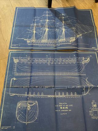 Rare 1923 Sail Plan & Plans For 74 Gun Ship Ohio By Boucher Set Of 2 Blueprints