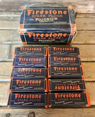 Rare Vintage Firestone Polonium Spark Plugs Box Of 10 Automotive Advertising Nos