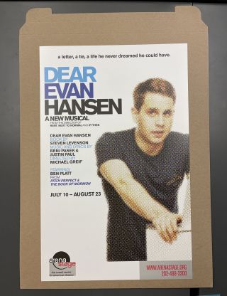 Dear Evan Hansen Pre - Broadway Arena Stage Rare Window Card Poster Mailed Flat