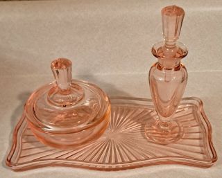 Rare Antique Martinsville Pink Depression Glass Vanity Set,  1920s