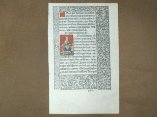 Rare Medieval Printed Vellum Book Of Hours Leaf W/ Painted Miniature,  C.  1510