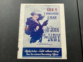 1940 Vintage Navy Recruiting Poster “gee,  I Wish I Were A Man” Rare