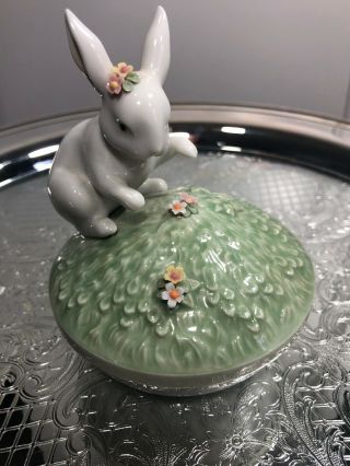 Rare Lladro Porcelain Figurine " Bunny " Rabbit Trinket Box Bowl 6607 Mib 06607