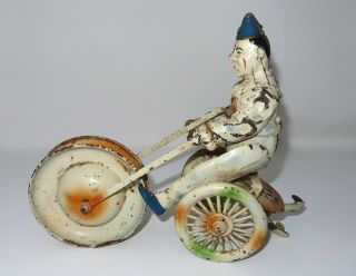 Antique Rare To Find Wind - Up Metal Toy " Clown On Wheels "