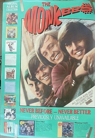 Very Rare The Monkees 1987 Vintage Music Record Store Promo Poster