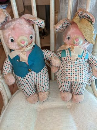 Vintage Rare Gund 1950s Stuffed Plush Easter Bunny Rabbits Pair Pink Googly Eyes