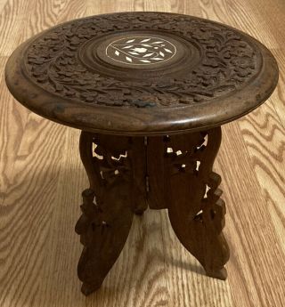 Vintage Rare Eastern Indian Style Carved & Bone Inlaid Wood Table W/trifold Base