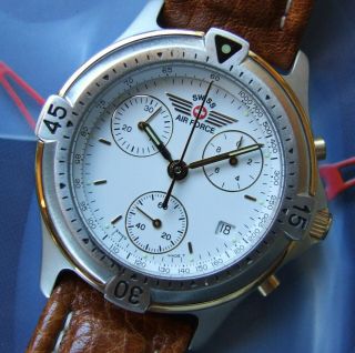 Rare Men Swiss Air Force Gold Tt Chronograph Army 9 Go Sapphire Glass Onleather