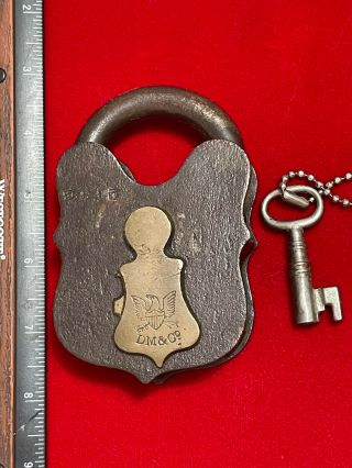Massive Rare Vintage / Antique Dm & Co Padlock Lock With Key -