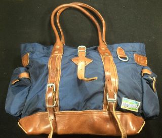 Vintage Rare Polo Ralph Lauren Brown Leather & Blue Nylon Yosemite Tote Bag Euc