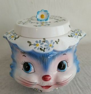 Rare Vintage Miss Priss Blue Kitty Cat Ceramic Cookie Jar Lid Lefton Japan 1502