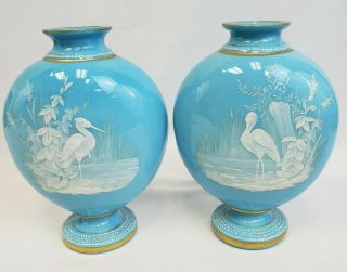 Rare,  Antique Pair Bristol Glass Vases,  Light Blue,  Marsh Birds Scene