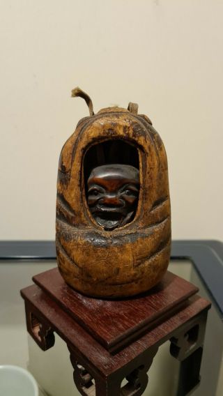 Rare Unusual Japanese Meiji Carved Boxwood Okimono - Jovial Head Dark Curio