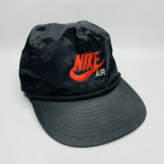 Rare Vtg Nike Air Spell Out Swoosh Black Hat Cap 80s 90s Nylon Nissin Farmer