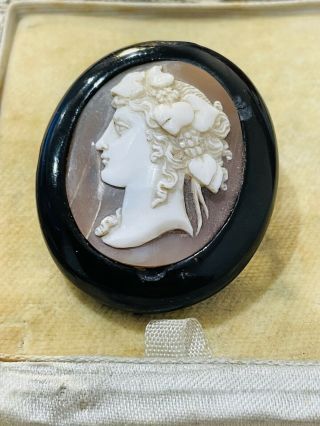 Antique Victorian Carved Jet Mourning Brooch / Carved Shell Cameo Rare 1880s